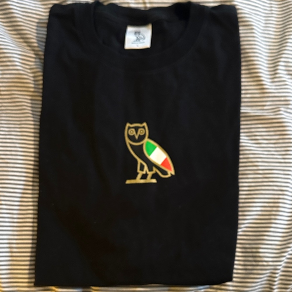 OVO Black Tee with Gold and Owl with Italian Flag colors